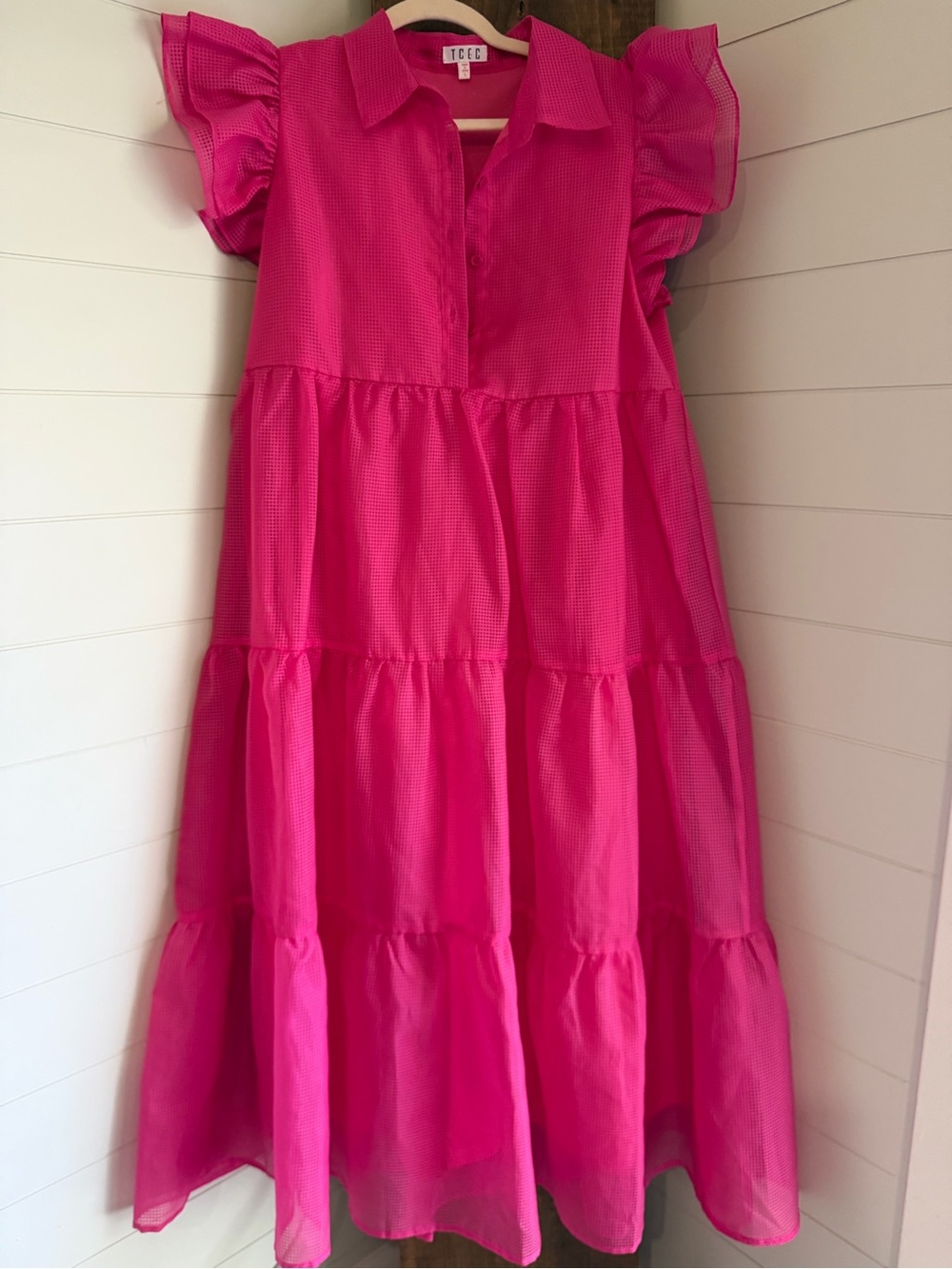 TCEC Hot Pink Tiered Ruffle-Sleeve Dress
